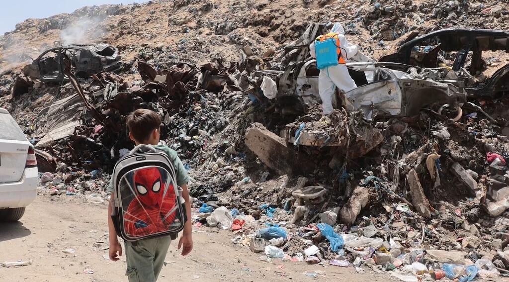 Equipos del PNUD y socios locales llevan a cabo una campaña de control de roedores e insectos en el sitio de acumulación de residuos en la ciudad de Gaza.